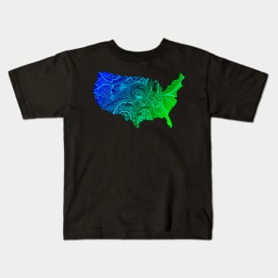 Colorful mandala art map of the United States of America in dark blue and green with cyan Kids T-Shirt